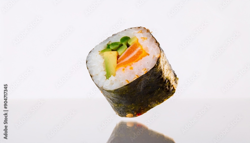 floating sushi roll with white background. isolated. floating sushi roll with white background. isolated.