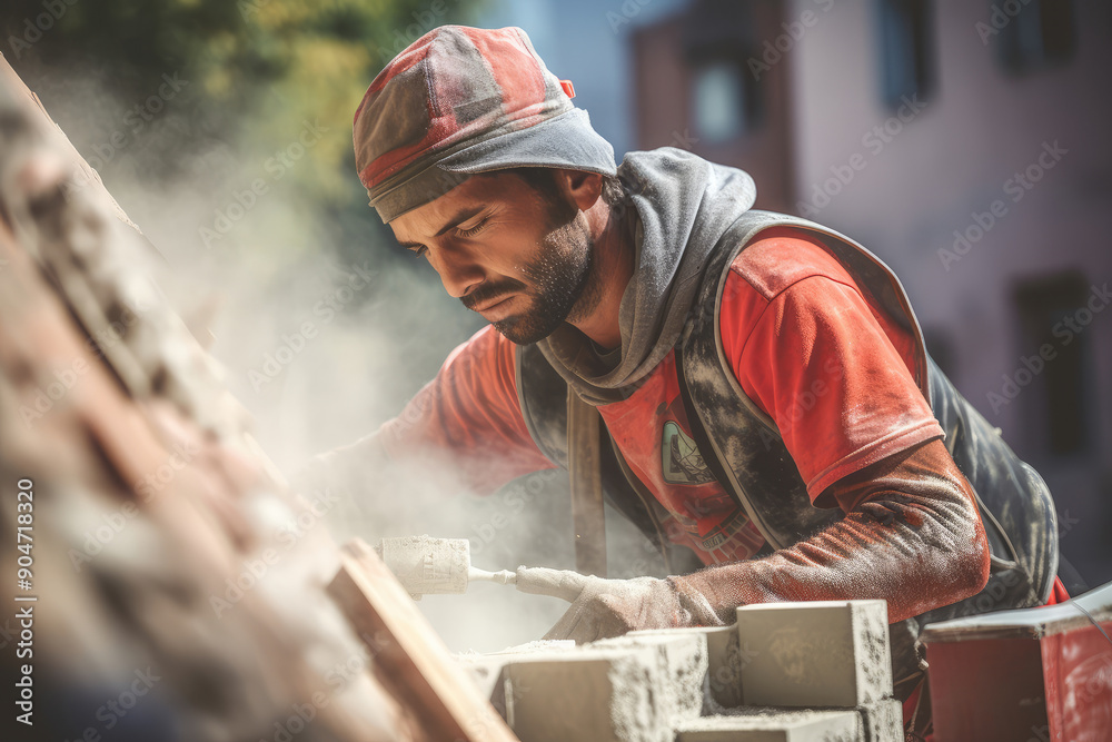 Skilled Mason Cutting Bricks on Construction Site Skilled Mason Cutting Bricks on Construction Site