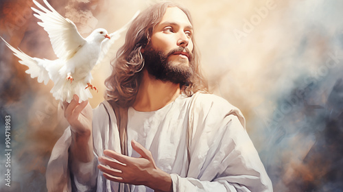 Jesus Christ and white dove as a symbol of the Holy Spirit, Watercolor style.