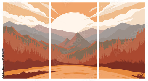 mountain view with wild forest and sunset in the background poster background illustration design
