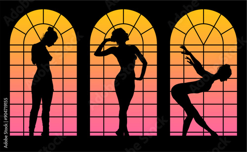 baile, danza, silueta, bailarina, danza ritmica, silueta, deporte, ballet, vector, ballet, movimiento, ventanal, contraluz