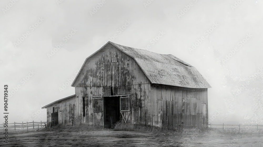 A rustic barn in a foggy landscape, showcasing weathered wood and a quaint rural atmosphere. Ideal for agriculture-themed projects.