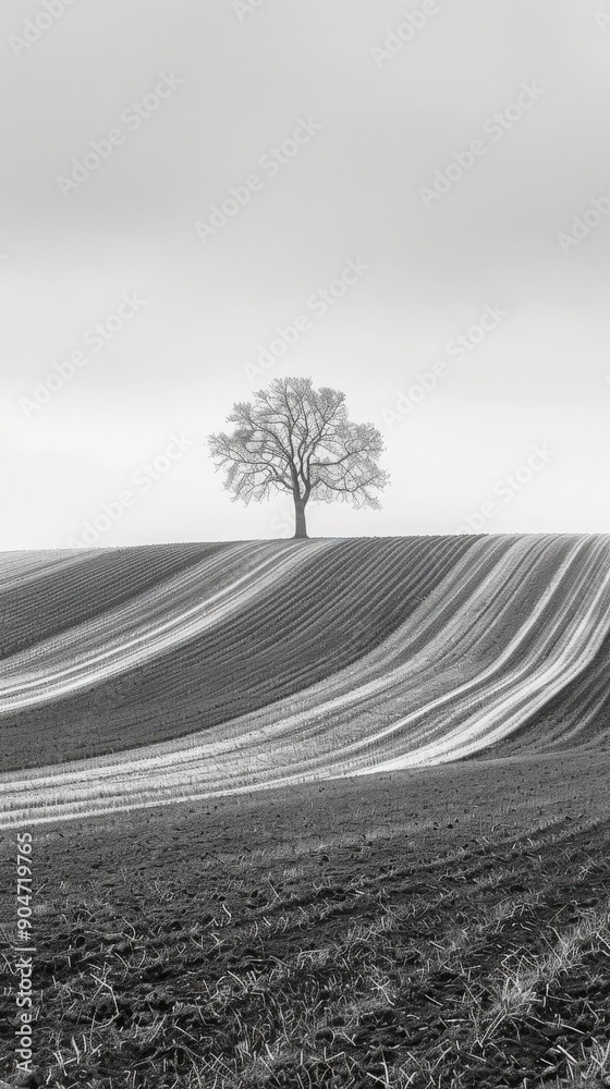 Naklejka premium A solitary tree stands on a serene hill, surrounded by gracefully curved furrows in a tranquil black and white landscape.