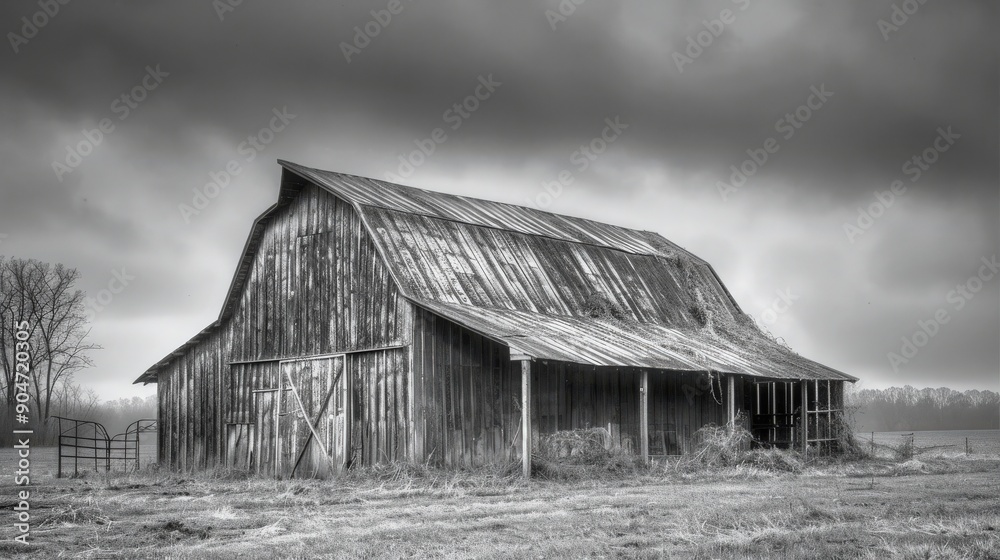 A weathered barn stands alone under cloudy skies, showcasing rustic charm and the beauty of rural landscapes in black and white.