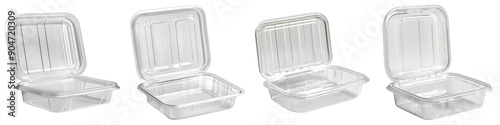 Collection of Plastic Clamshell Food Container With Hinged Lid On Transparent Png Background For Takeout Packaging Mockup . Generative ai