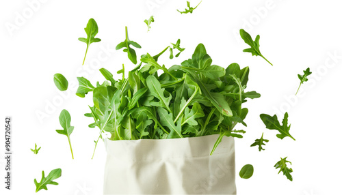 Healthy Green Arugula in Eco Bag on Transparent Background for Grocers photo