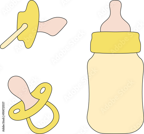 A yellow pacifier for a baby. PNG illustration on transparent background. Baby items doodle. Baby items vector sketch for web design. Baby bottle set.