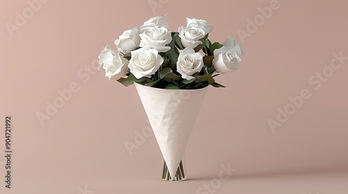 Blank white flowers cone wrap mockup, front view, 3d rendering. Empty paper decor packaging for rose bouquet mock up, isolated. Clear floral craft wrapping for valentine or birthday. 