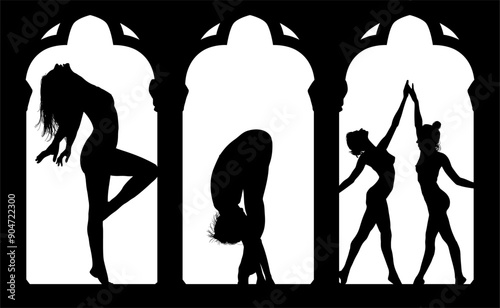 baile, danza, silueta, bailarina, danza ritmica, silueta, deporte, ballet, vector, ballet, movimiento, ventanal, contraluz