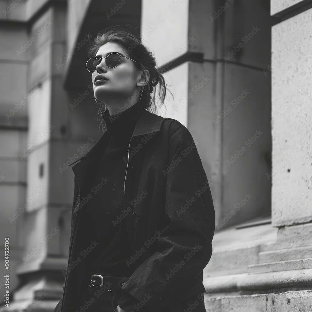 A fashionable woman poses confidently in a stylish black outfit, showcasing modern urban elegance and chic confidence. A fashionable woman poses confidently in a stylish black outfit, showcasing modern urban elegance and chic confidence.