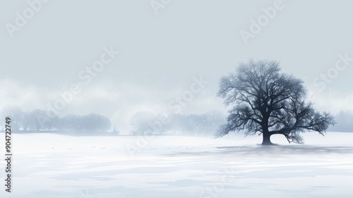 A large oak tree stands alone in the middle of a field in winter. The ground is covered with pure white snow. There is thick white fog and snowstorms everywhere.