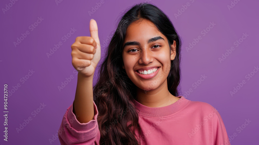 Young Indian Asian woman showing a thumbs up, with a purple background Young Indian Asian woman showing a thumbs up, with a purple background