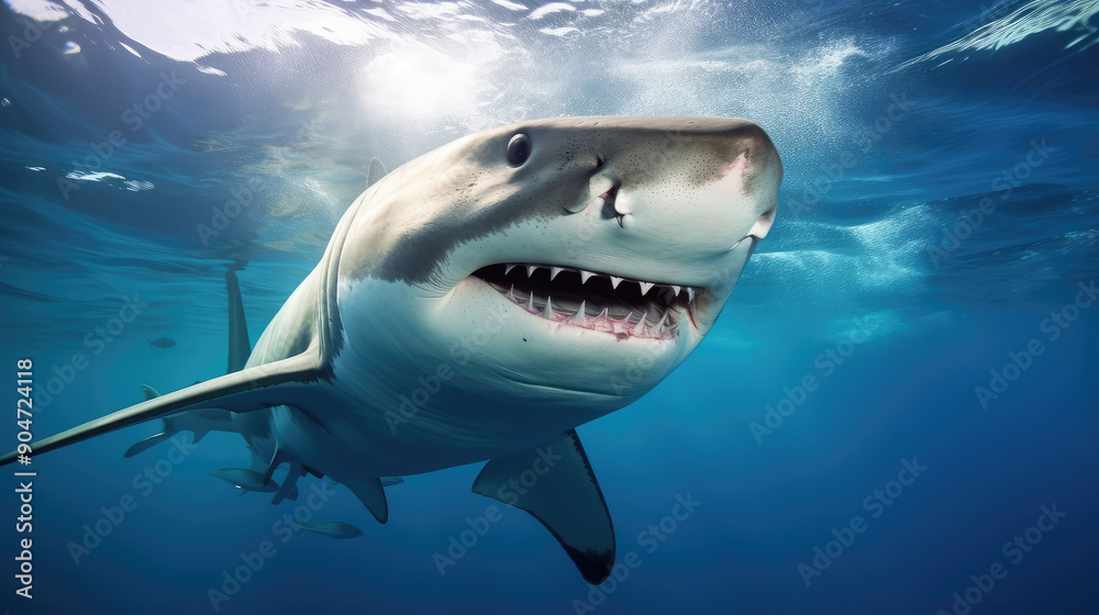 Fototapeta premium Majestic Great White Shark in Blue Ocean Depths