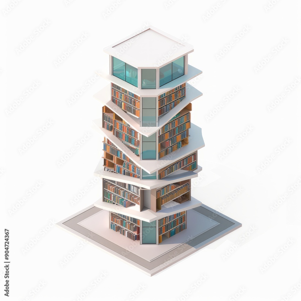 3D Render, Low Poly style of Tower Library, on isolated white background, Generative AI