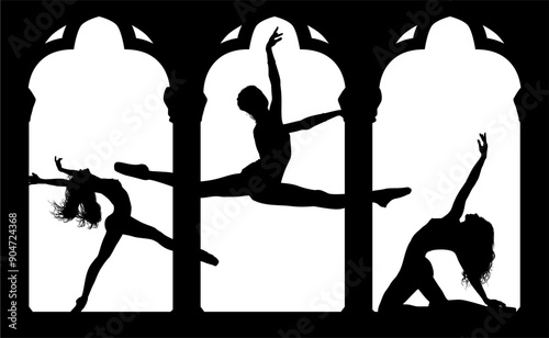 baile, danza, silueta, bailarina, danza ritmica, silueta, deporte, ballet, vector, ballet, movimiento, ventanal, contraluz