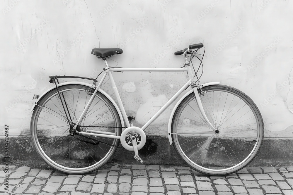 Stylish black and white photo of a classic bicycle parked against a smooth wall, perfect for urban lifestyle themes. Stylish black and white photo of a classic bicycle parked against a smooth wall, perfect for urban lifestyle themes.