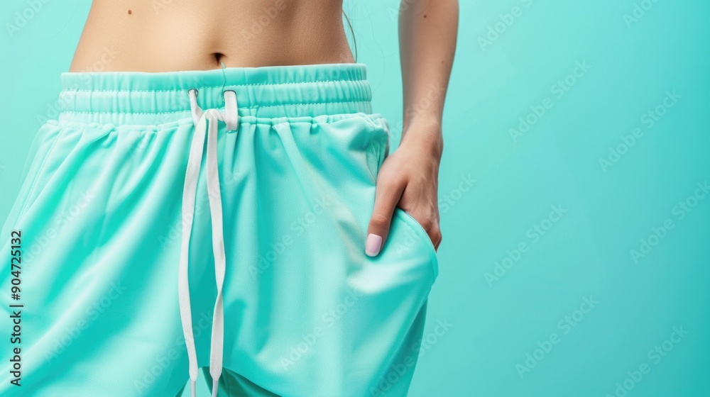 Closeup of Woman in Turquoise Joggers on Blue Background Showing Athletic Style and Relaxed Comfort Closeup of Woman in Turquoise Joggers on Blue Background Showing Athletic Style and Relaxed Comfort