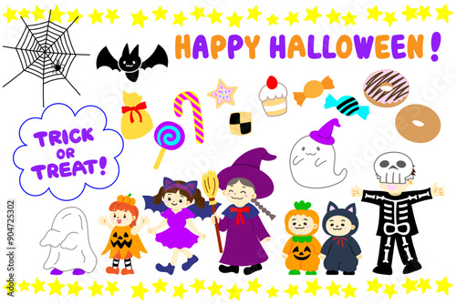ハロウィンにお菓子をもらいに行く子どもたちのイラスト