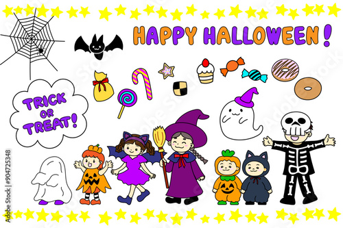 ハロウィンにお菓子をもらいに行く子どもたちのイラスト