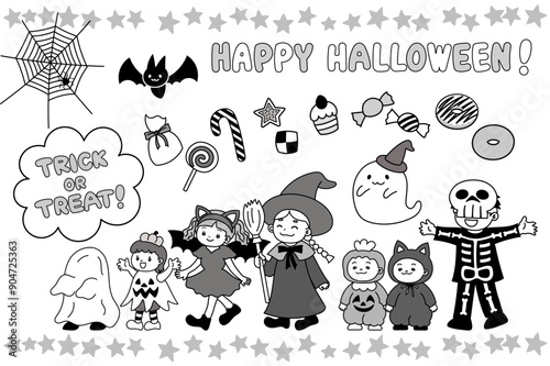 ハロウィンにお菓子をもらいに行く子どもたちのイラスト