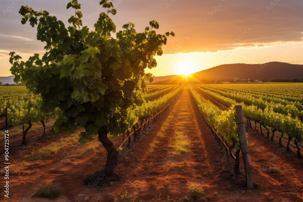 Fototapeta premium Golden Sunset Over Tranquil Vineyard Landscape