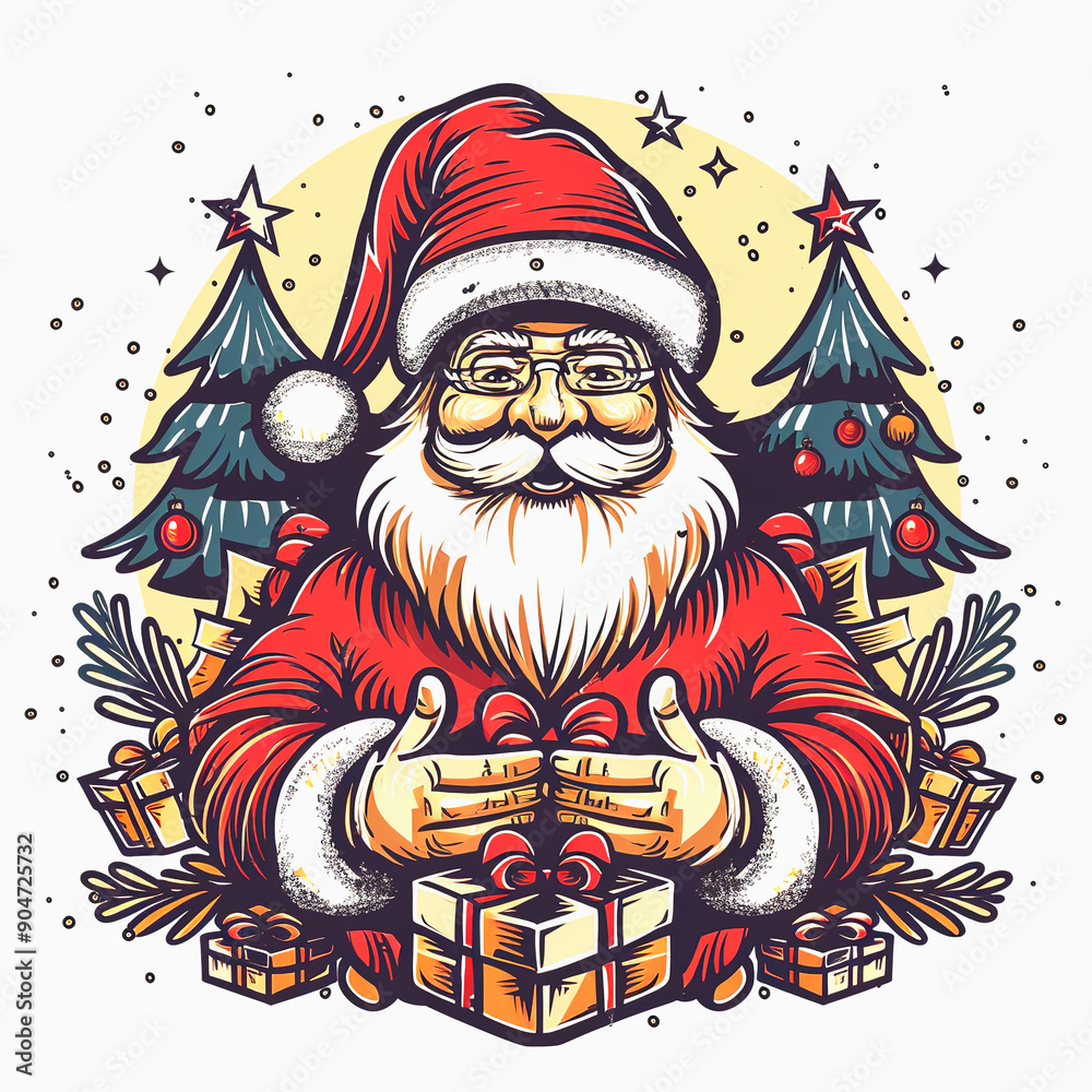 Santa Claus Holding a Gift with Christmas Trees and Ornaments Around Him Santa Claus Holding a Gift with Christmas Trees and Ornaments Around Him