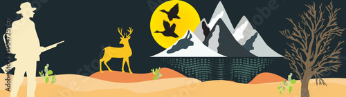 hunting man in desert, birds and lake with mountains background, Vector, 