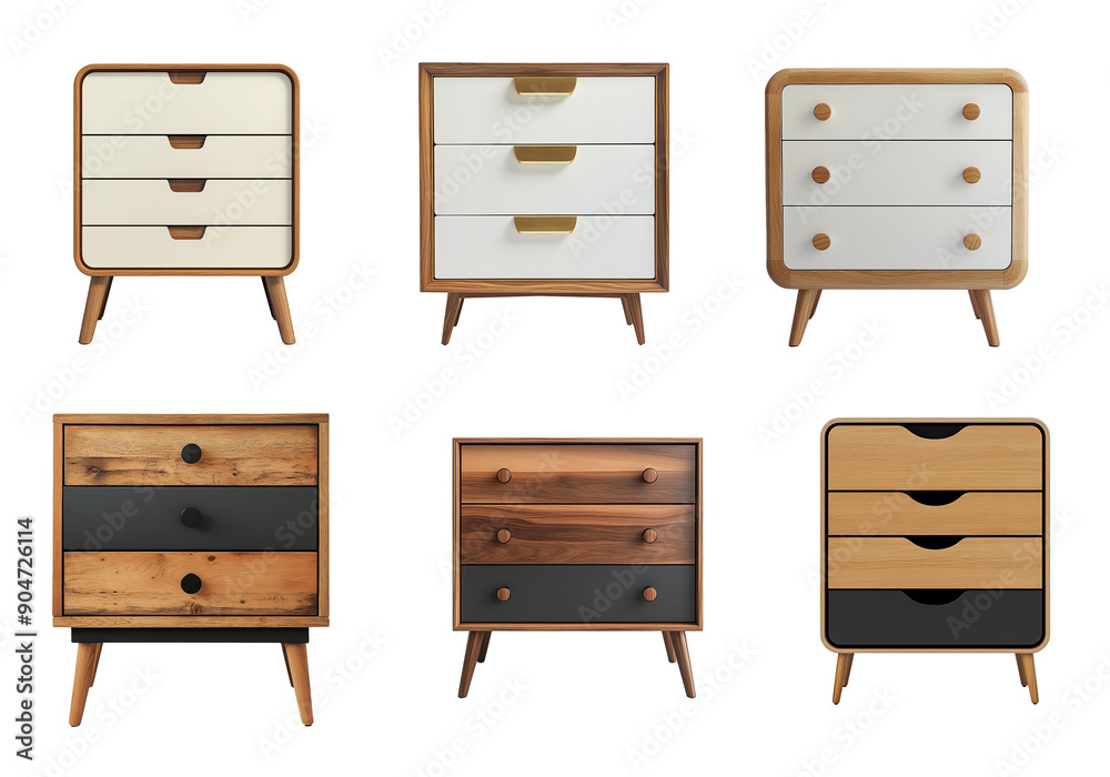 Naklejka premium Set of various modern chest of drawers in different colours isolated on transparent background.