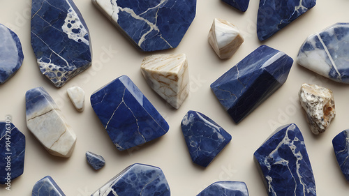 sodalite with its distinctive blue and white veins, capturing the mineral’s rich color contrast and complex textures. photo