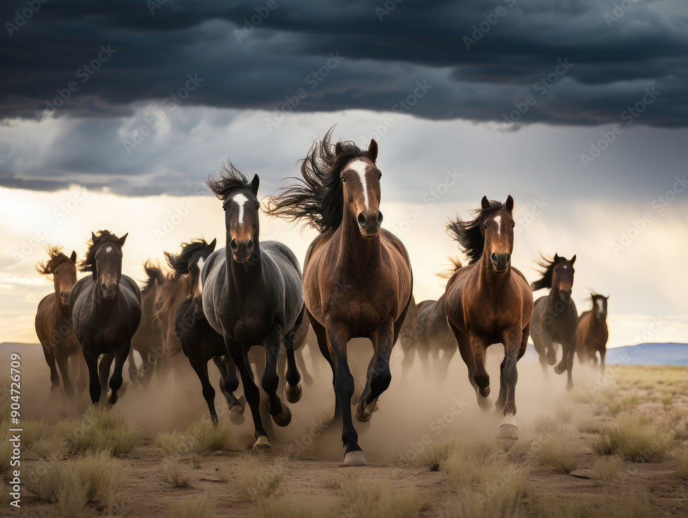 Majestic Herd of Horses Galloping in the Wild