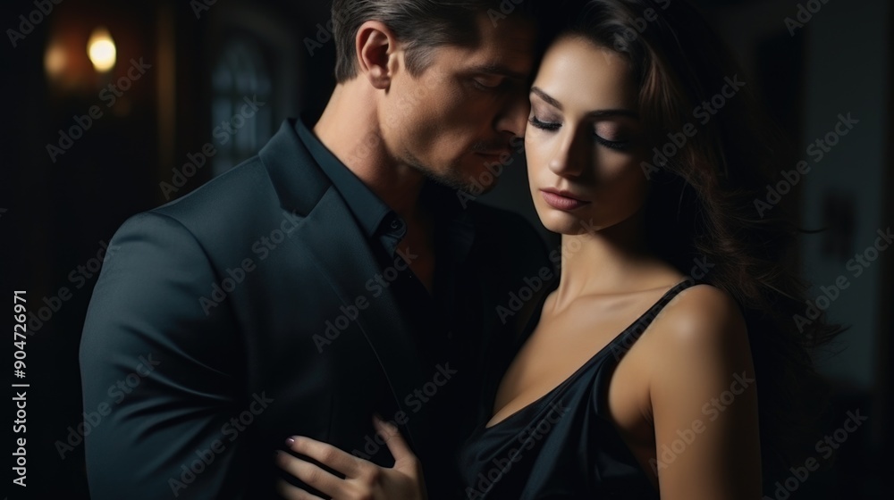 Romantic Couple Embracing in Dimly Lit Elegant Room