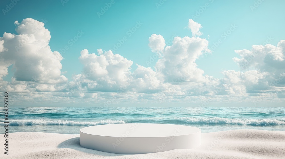 3D podium on a sandy beach with copy space for product display, blue sky, and fluffy white clouds in the background. 3D podium on a sandy beach with copy space for product display, blue sky, and fluffy white clouds in the background.