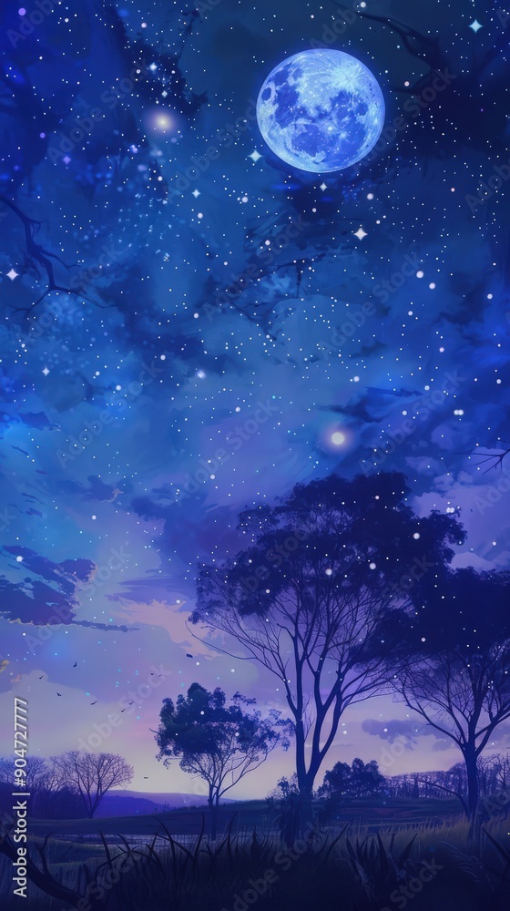 A serene night scene featuring a bright moon, twinkling stars, and silhouettes of trees against a deep blue sky. A serene night scene featuring a bright moon, twinkling stars, and silhouettes of trees against a deep blue sky.
