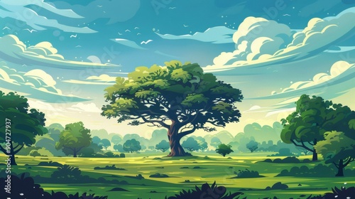 Fantasy world landscape, forest, green plains and bright sky. In the center was a large tree that stood out among the other trees photo