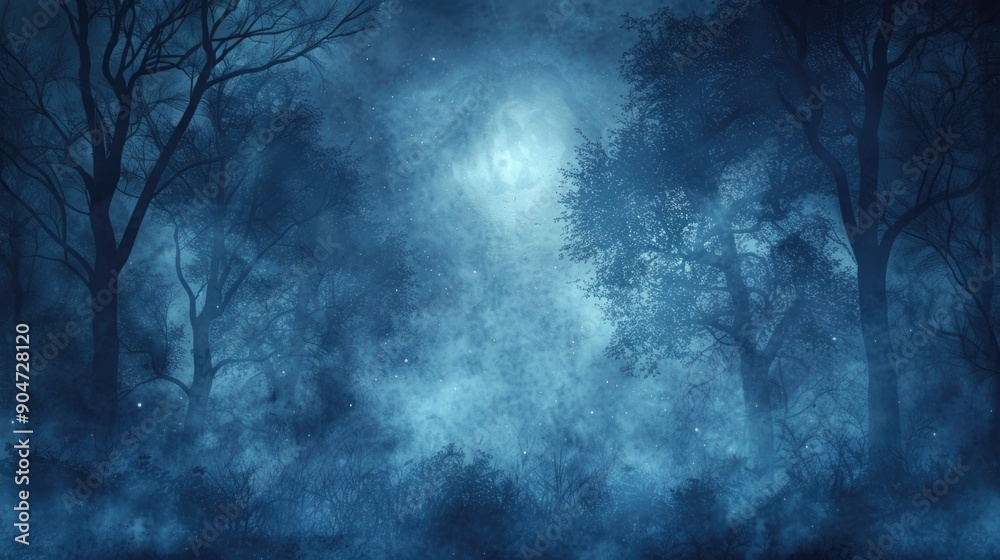 Obraz premium Mysterious Foggy Forest at Night with Dark Trees and Moonlight Glow