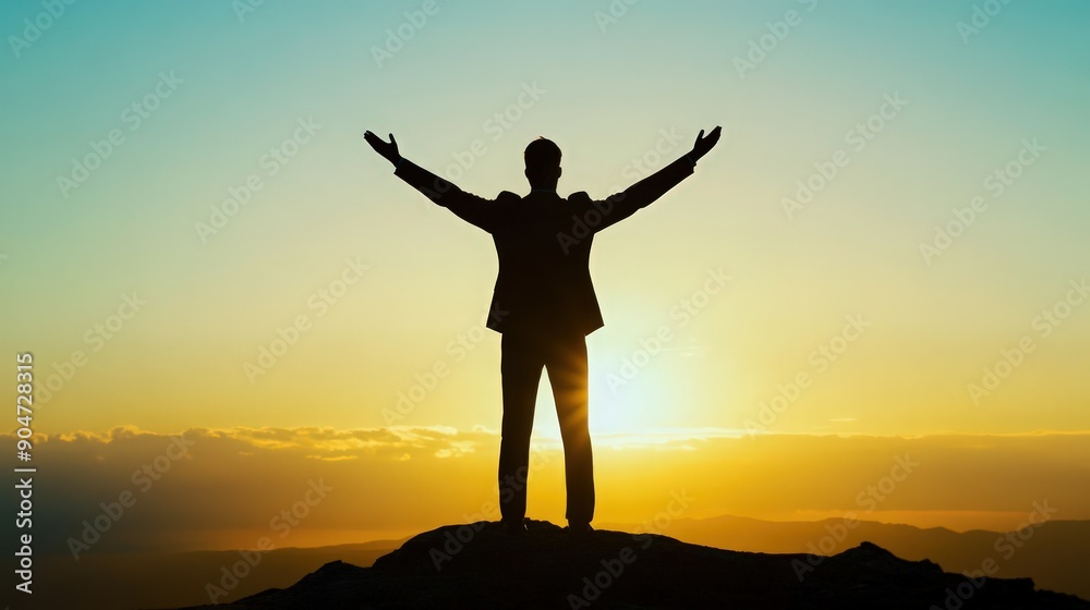 A silhouette of a businessman standing triumphantly on a mountain at sunrise, embodying success and achievement. A silhouette of a businessman standing triumphantly on a mountain at sunrise, embodying success and achievement.