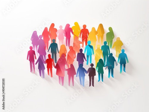 Multicolored paper cutouts representing diverse people holding hands, minimalist, pastel hues, 2D illustration, inclusive community