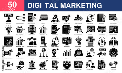 Digital marketing icon collection set. Simple Glyph Vector.