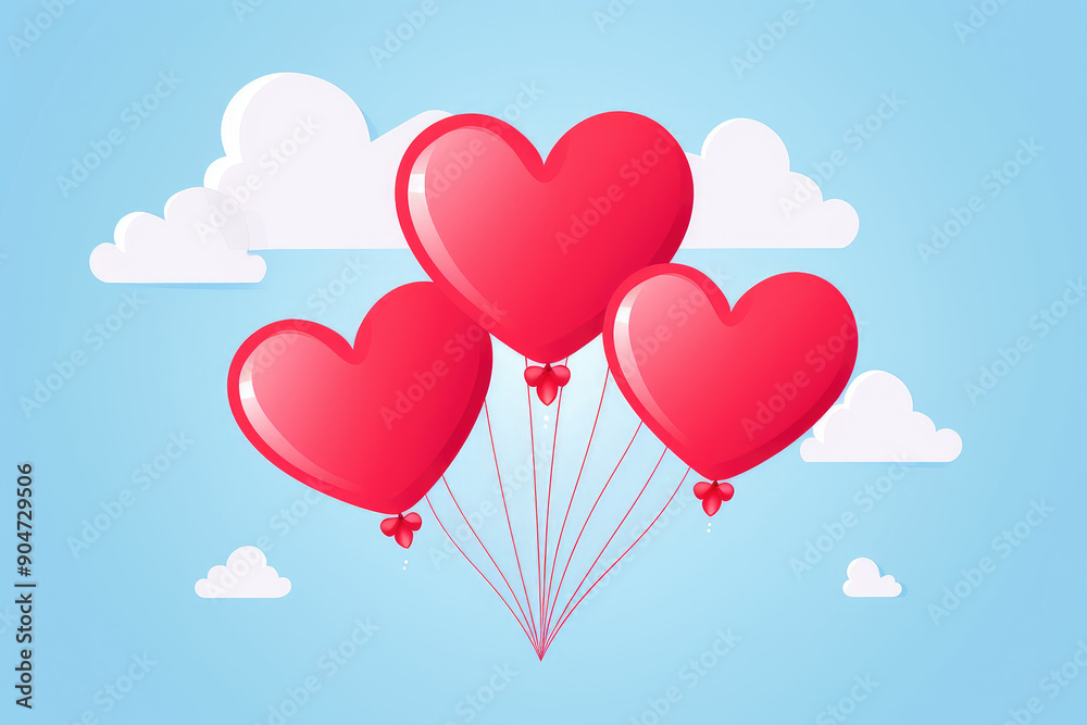 Soaring Love: Red Heart Balloons Floating in Blue Sky Soaring Love: Red Heart Balloons Floating in Blue Sky