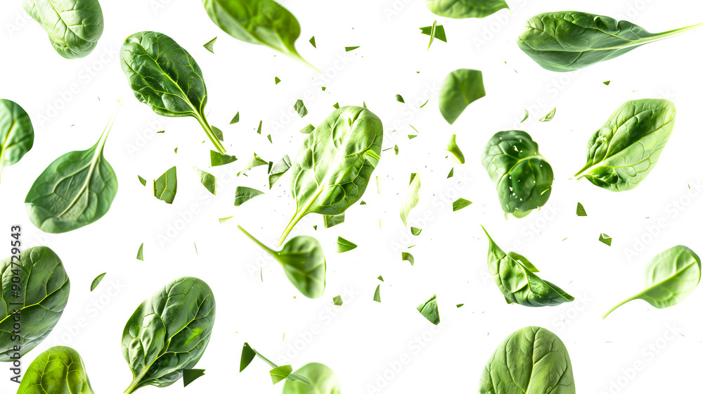 Floating spinach leaf in air, with whole spinach bunch on white background Floating spinach leaf in air, with whole spinach bunch on white background