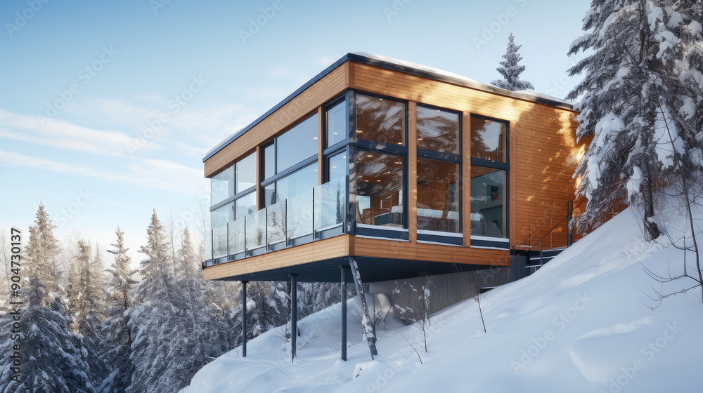 Modern Cabin Retreat in Snowy Winter Forest Modern Cabin Retreat in Snowy Winter Forest