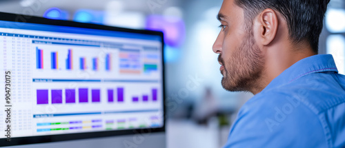 A focused professional analyzing data on a computer screen displaying various charts and graphs, working in a modern office environment.