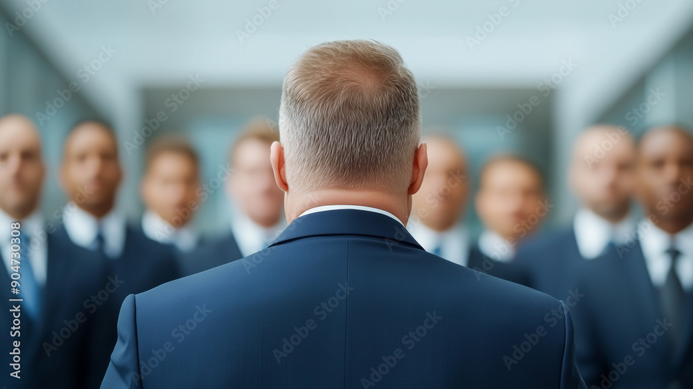 A business leader seen from behind, addressing a diverse team in formal attire. Blurred background and serious expressions highlight the meeting is important in a corporate environment. A business leader seen from behind, addressing a diverse team in formal attire. Blurred background and serious expressions highlight the meeting is important in a corporate environment.