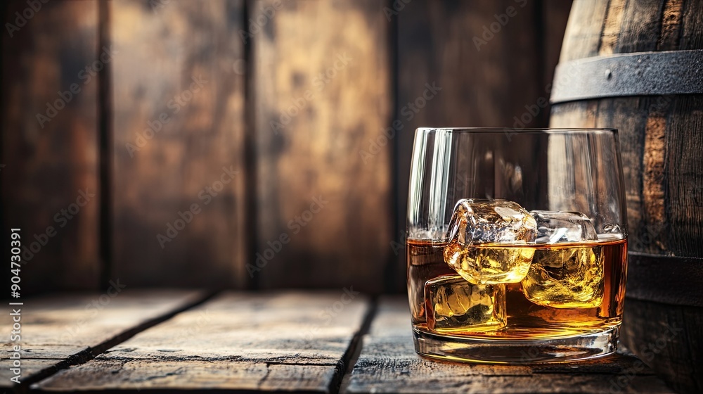 Classic whiskey glass with ice cubes on a vintage barrel, wooden background providing ample copy space for text or promotions.