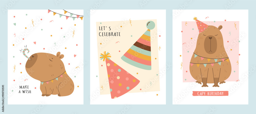 Birthday card set with capybaras and party hats Birthday card set with capybaras and party hats