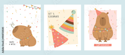 Birthday card set with capybaras and party hats