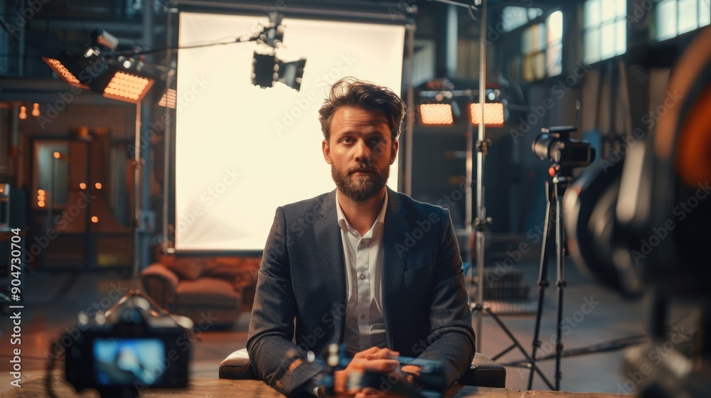 Professional Man in Suit During Video Studio Interview with Camera and Lighting Equipment Professional Man in Suit During Video Studio Interview with Camera and Lighting Equipment
