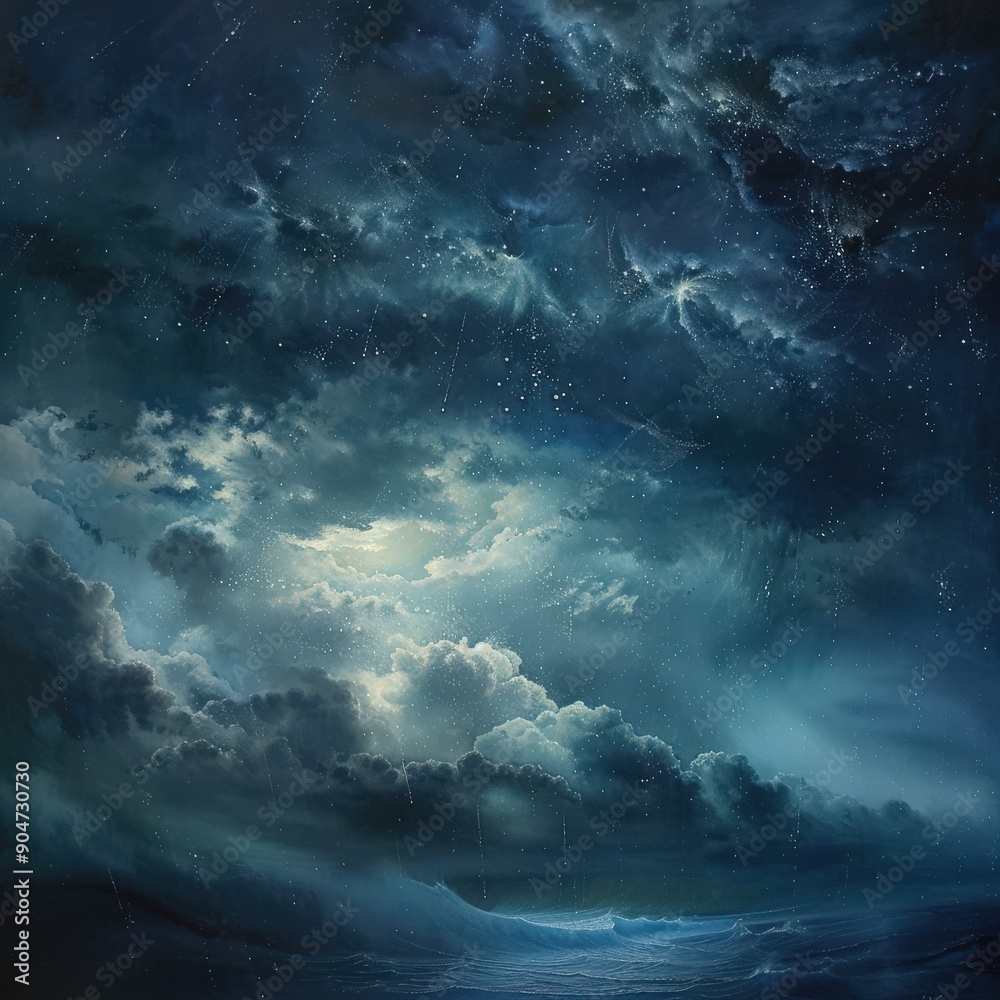 Obraz premium A captivating night sky filled with dramatic clouds and shimmering stars over a tranquil sea, evoking a sense of mystery and peace.