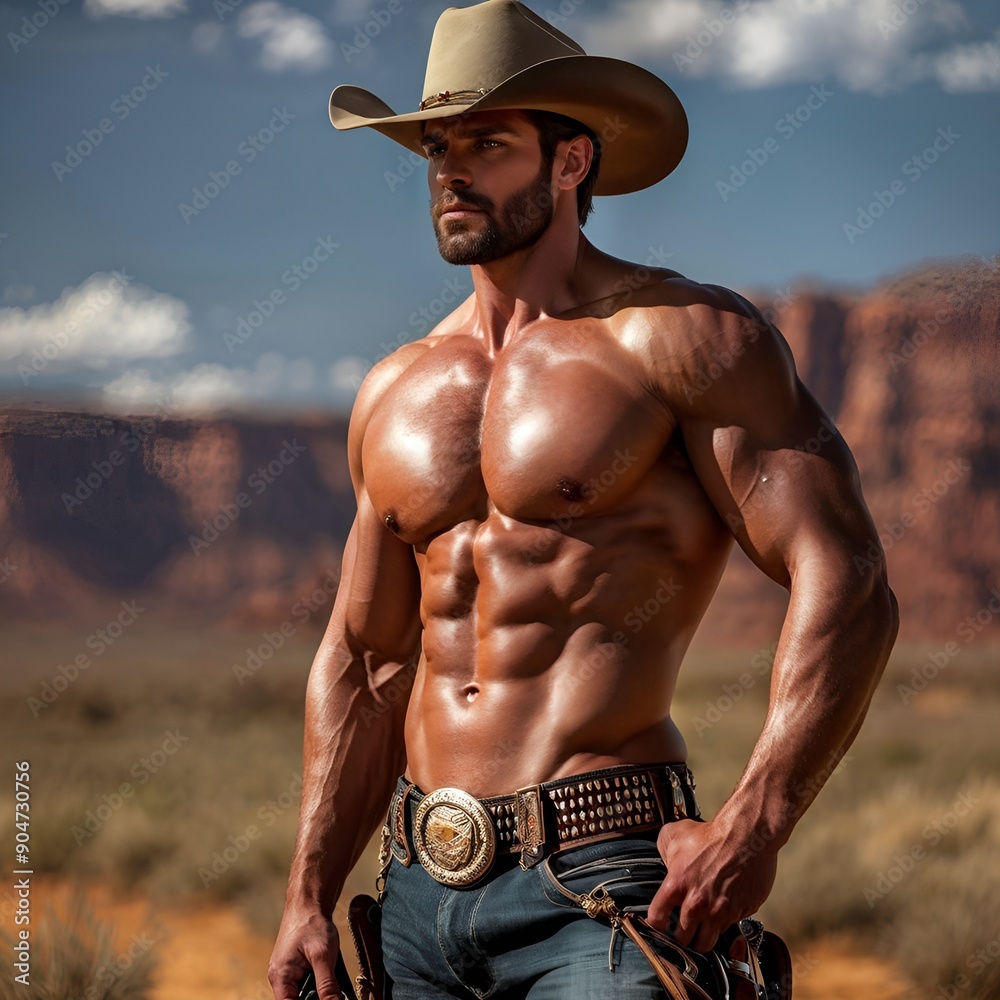 Handsome Muscular Cowboy in Jeans, Boots, and Hat – Modern Western Man with Strong Physique