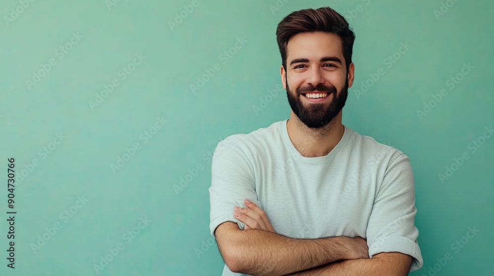Confident bearded young man smiling and standing with arms crossed against a soft pastel green background. Clean and minimal design. Confident bearded young man smiling and standing with arms crossed against a soft pastel green background. Clean and minimal design.